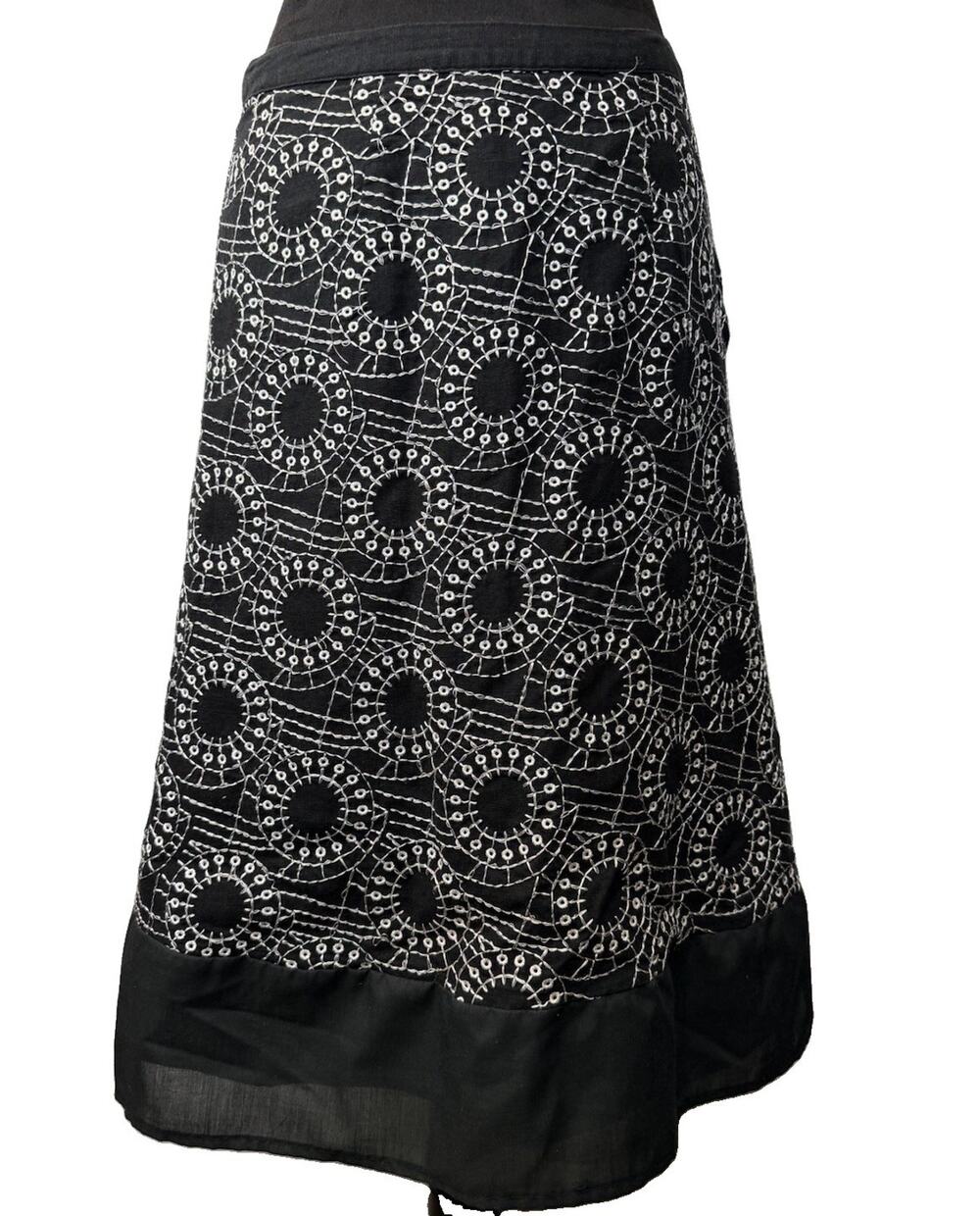 Edward Linen Blend Embroidered A-Line Midi Skirt Black White Boho Cottagecore 6